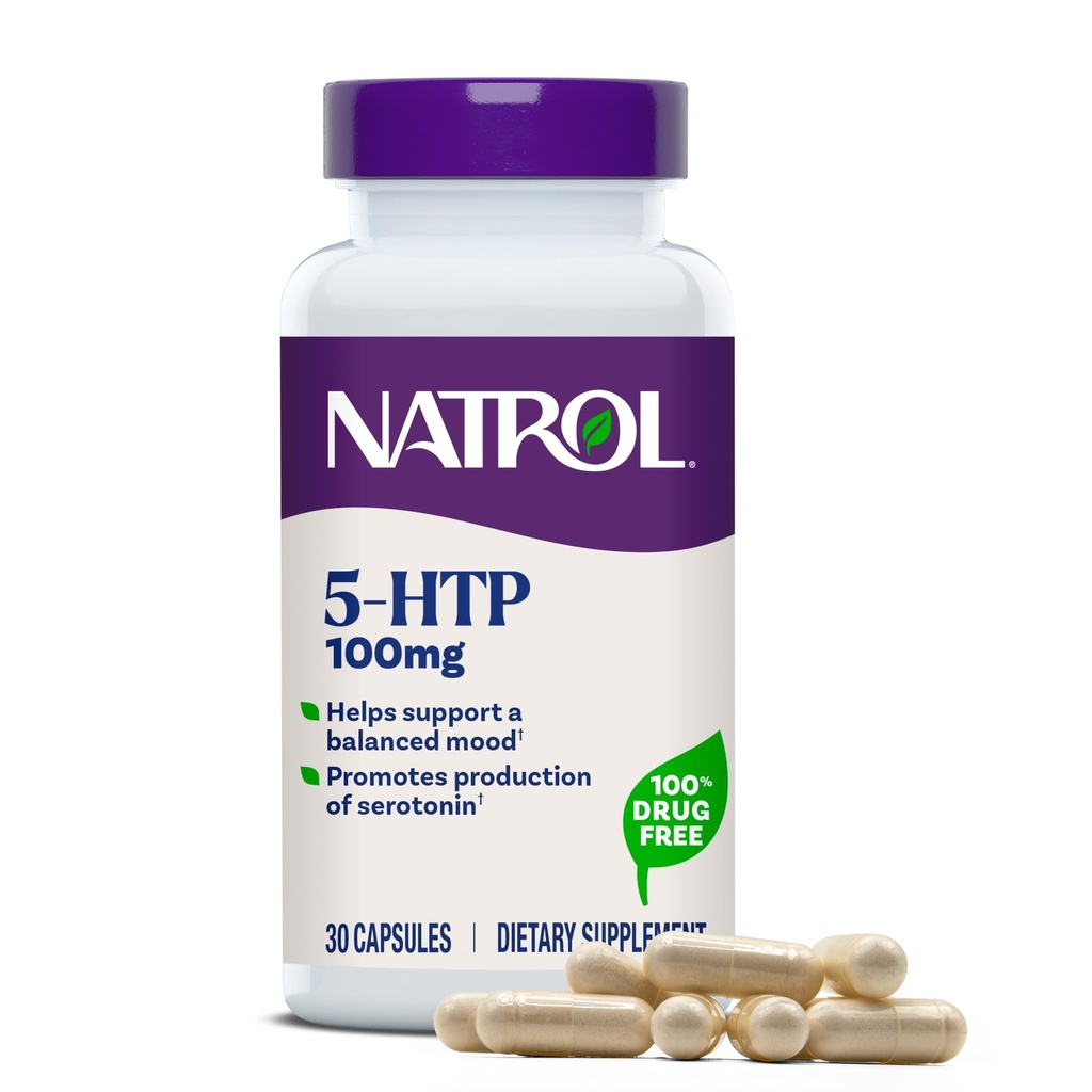 Natrol Mood + 스트레스 5-HTP 100 mg, 균형 잡힌 Mood, 성인을위한 캡슐, 30 캡슐, 30 일 공급까지 다이어트 보충