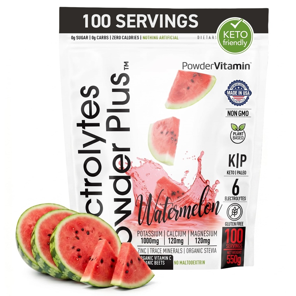 PowderVitamin Electrolytes 분말 플러스 (100 인분) 수박 전해질 분말, Zero Calorie, Keto, 0 설탕, Maltodextrin 없음, 1000mg 칼륨, 120mg 칼슘, 120mg 마그네슘, 에너지 Hydration Powde