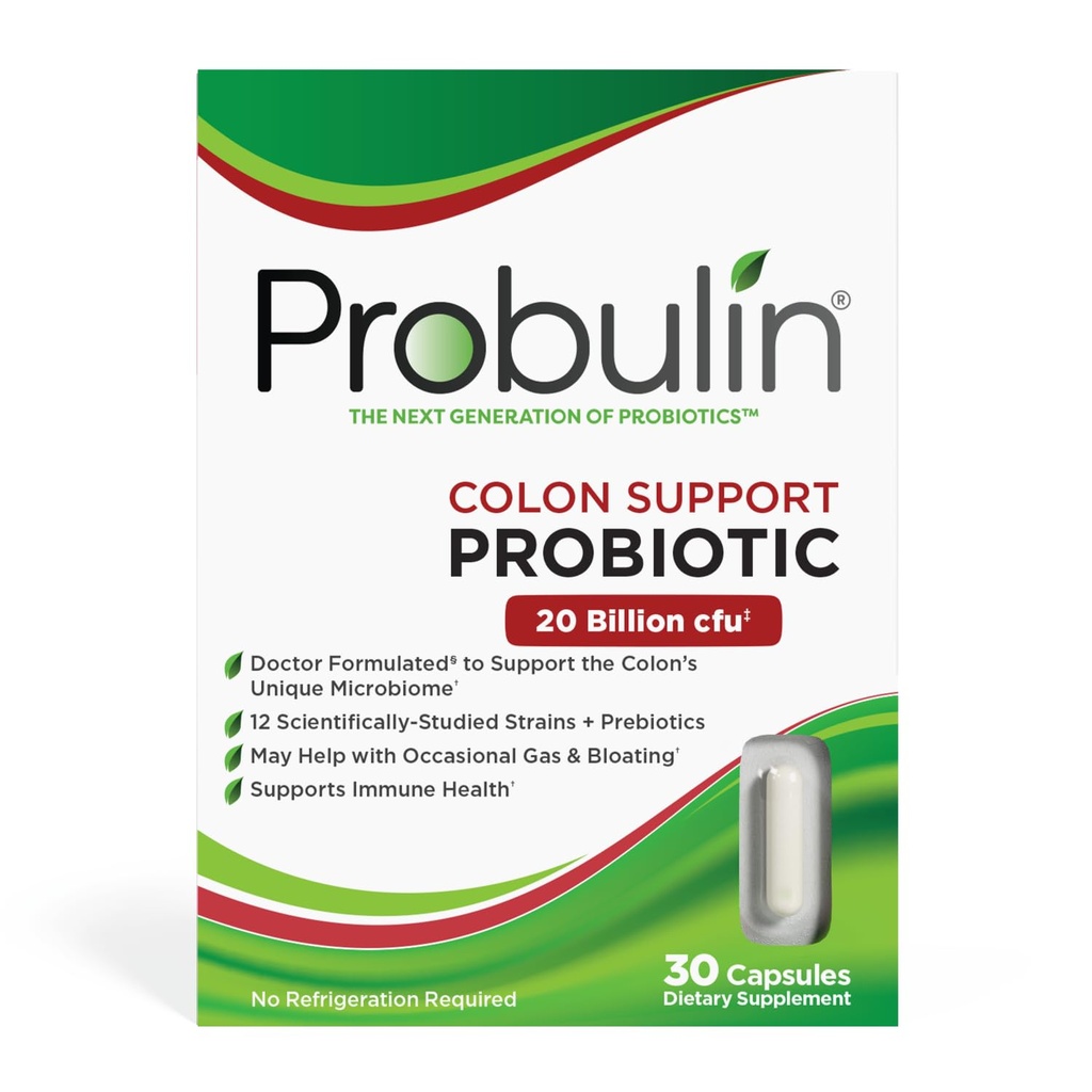 Probulin 콜론 지원 매일 Probiotic + Prebiotic + 지원 Gut 건강, Occasional 가스 및 Bloating - 20 Billion CFU - 12 Strains, 30 Vegan 캡슐