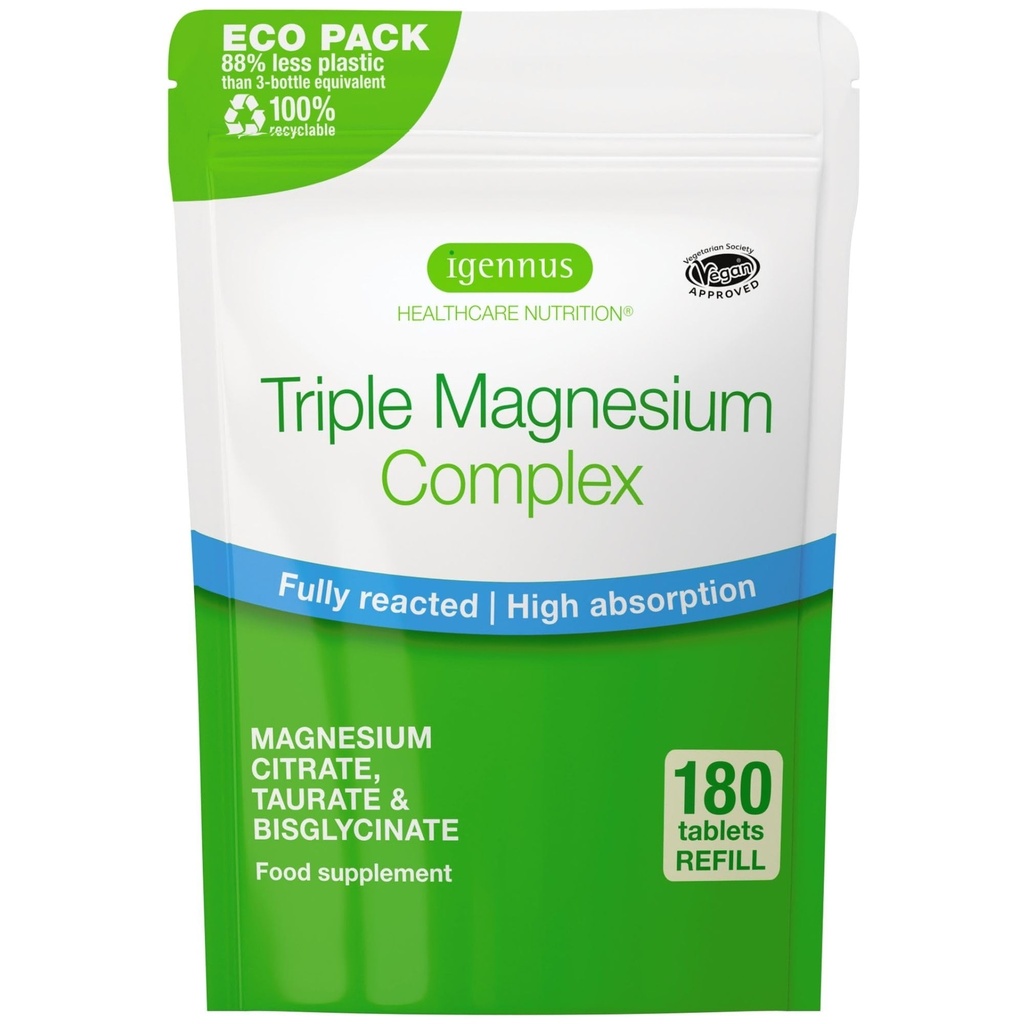 Igennus Superior Triple Magnesium Complex, 완전 Reacted & Chelated Glycinate, Taurate & Citrate, Clean Label, High Bioavailability & Absorption, 180 Tablets, Vegan, 비 버퍼