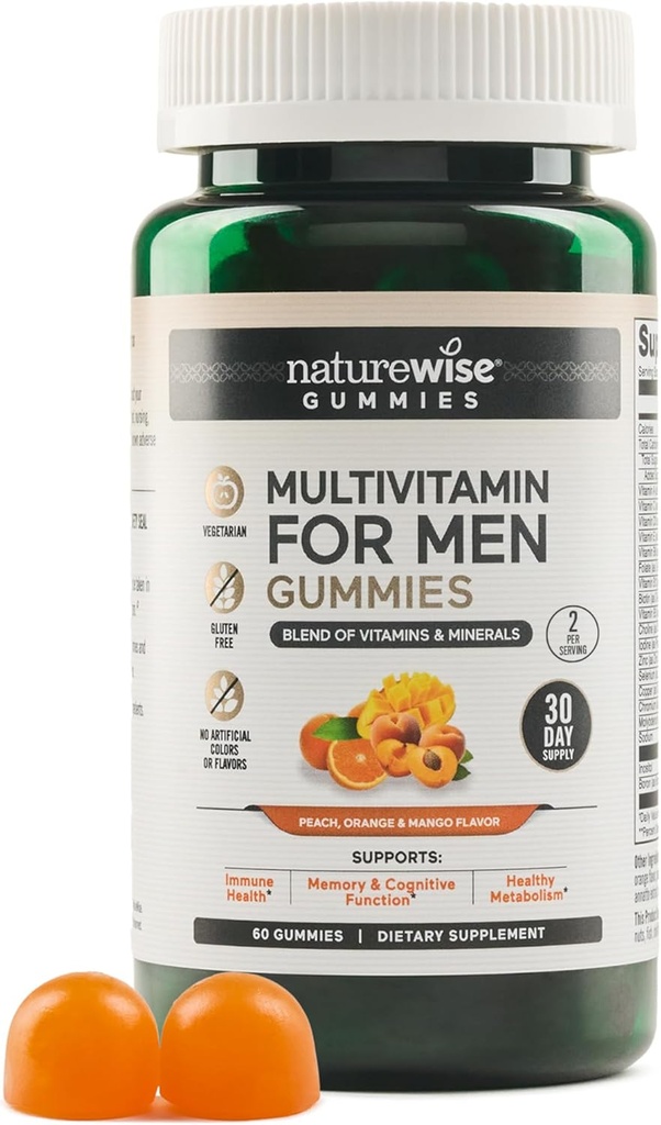 NatureWise Multivitamin for Men, Gummies Peach Mango 풍미, 미네랄 및 비타민 A, C, D, E, B6 및 B12, 채식주의, Soy-Free, Non-GMO, 60 Count[1-Month 공급]