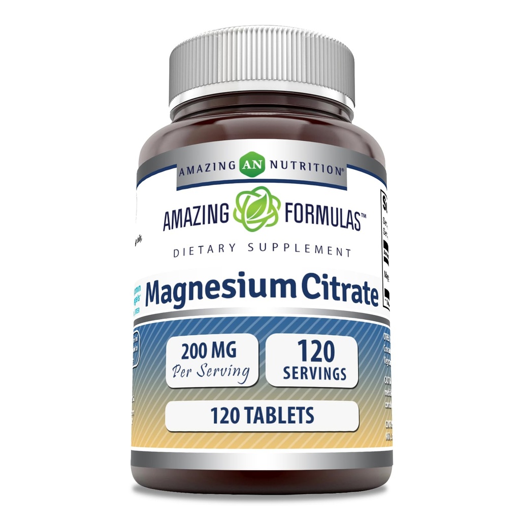 Amazing Formulas Magnesium Citrate | 200 Mg 정제 | 미네랄 보충 | 비 GMO | 글루텐 프리 | 미국 (1 팩, 120 개)