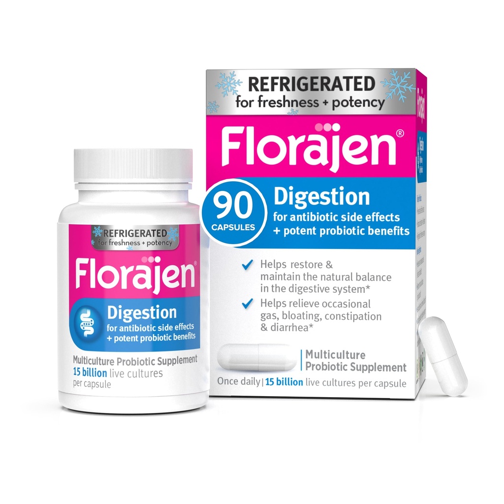 Florajen Digestion Probiotic - 변비 및 Bloating 구호를위한 고급 구트 건강 보충 - 15 억 라이브 문화 - 멀티 - 변형 포뮬레이션 및 신선도를 위해 냉장 - 90 캡슐