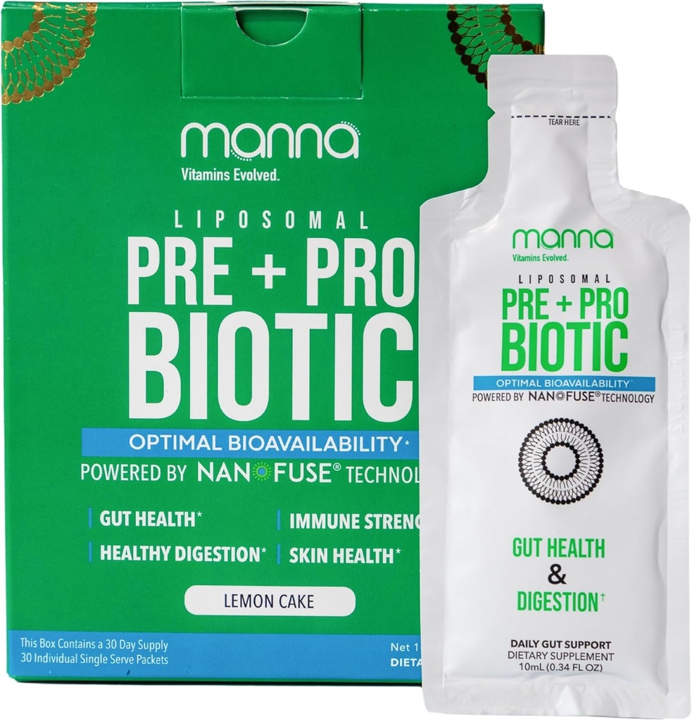 Manna 비타민 Evolved Liposomal Prebiotic + Probiotic Packets – 40 Billion CFU, 8 Strains – Gut, Digestive, Immune 지원 – 높은 흡수, 선반 안정, 매일 보충, 30 단일 Serves
