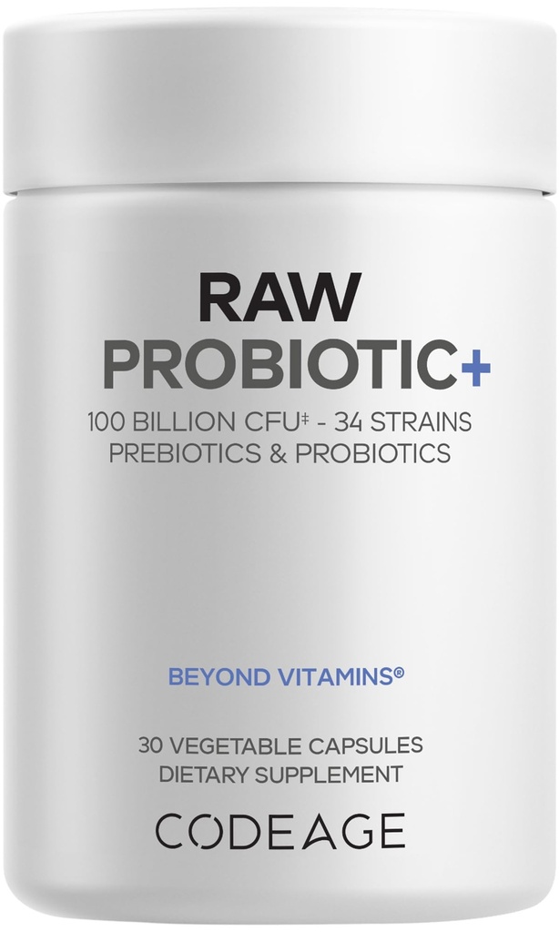 Codeage 익지않는 Probiotic+ 보충교재 - 34의 Probiotic Strains, 100억 CFUs의 익지않는 음식 Probiotics의 소화 효소, 익지않는 과일 & 채소 Prebiotics - 야생 Kefir 문화 - Non-GMO - 30의 캡슐