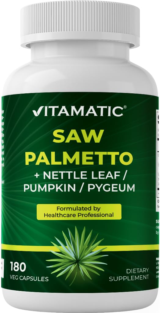 Vitamatic Saw Palmetto Extract for Men & Women 180 Veg Capsules - 호박 씨앗, Pygeum, Nettle Leaf - Made in the USA - 건강한 전립선 기능을 촉진