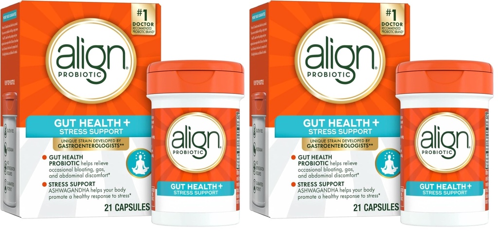 Align Probiotic, Digestive De-Stress, Ashwagandha 여성과 남성 프로바이오틱스, 스트레스에 건강한 응답을 돕습니다, 글루텐 무료, Soy 무료, 채식, 21 캡슐 (팩 2)