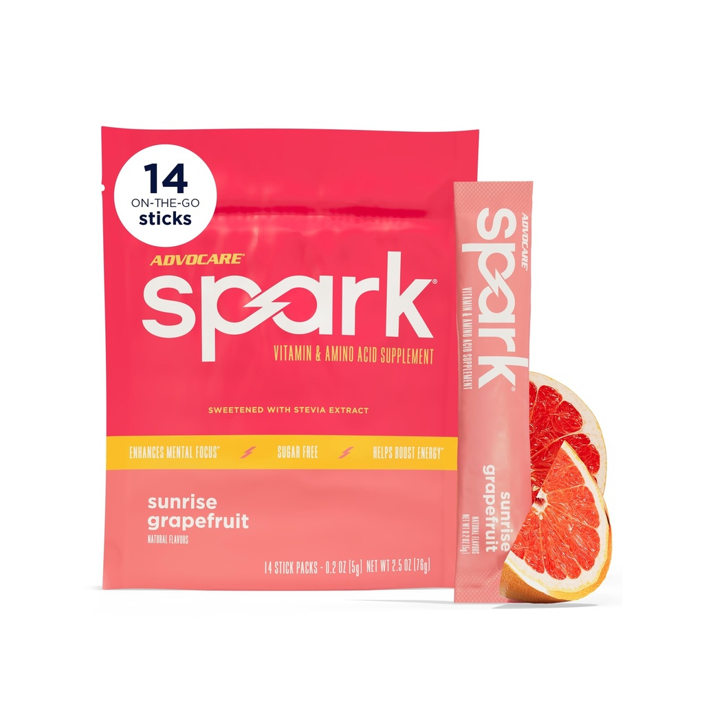 AdvoCare 스파크 - 에너지 음료 혼합 - 비타민 및 아미노산 보충 - 에너지 및 초점 지원 * - 휴대용 면역 지원 * - 설탕 무료 - Sunrise Grapefruit, 14 스틱 팩 (2.5 oz)