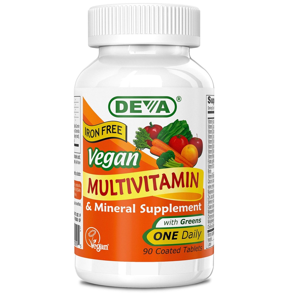 DEVA Vegan Multivitamin 및 광물 보충 - 녹색을 가진 1개의 매일 비타민 공식 - 자유로운 철 - 90의 입히는 정제, 1 팩