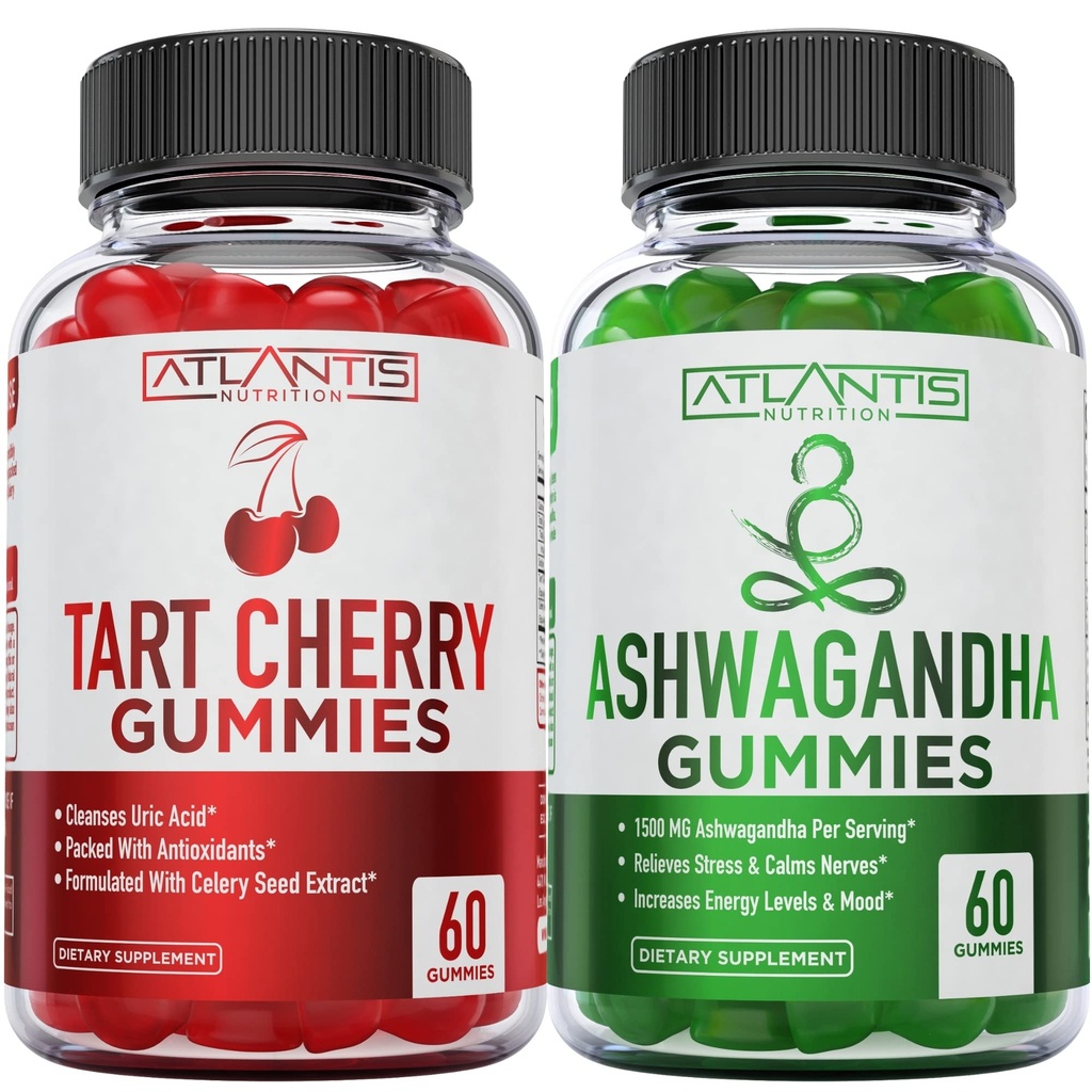 60 Ashwagandha Gummies + 60 Tart Cherry Gummies -Ashwagandha Boosts Energy Levels & Strengthens Immune System - Tart Cherry는 Immediate Gout Pain Reli에 대한 고급 우릭 산 클렌징을 가지고 있습니다.