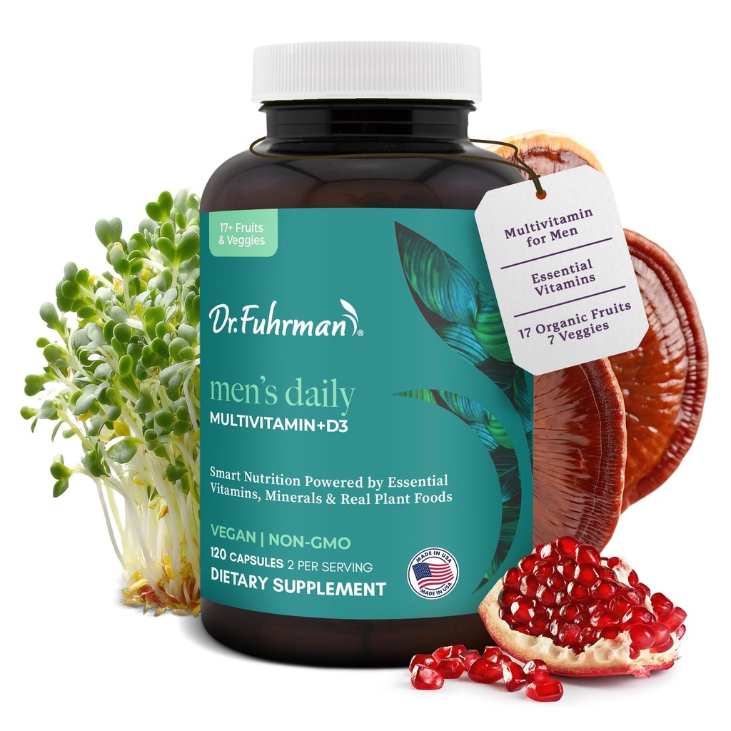 남성용 Fuhrman Multivitamin 박사 + 면역 지원을위한 D3 비타민 | B12 및 아연이있는 Vegan 공식 남성 멀티비타민 | 17 과일 및 채소로 포장 된 전체 음식 멀티비타민 | 비 GMO | 120 캡슐