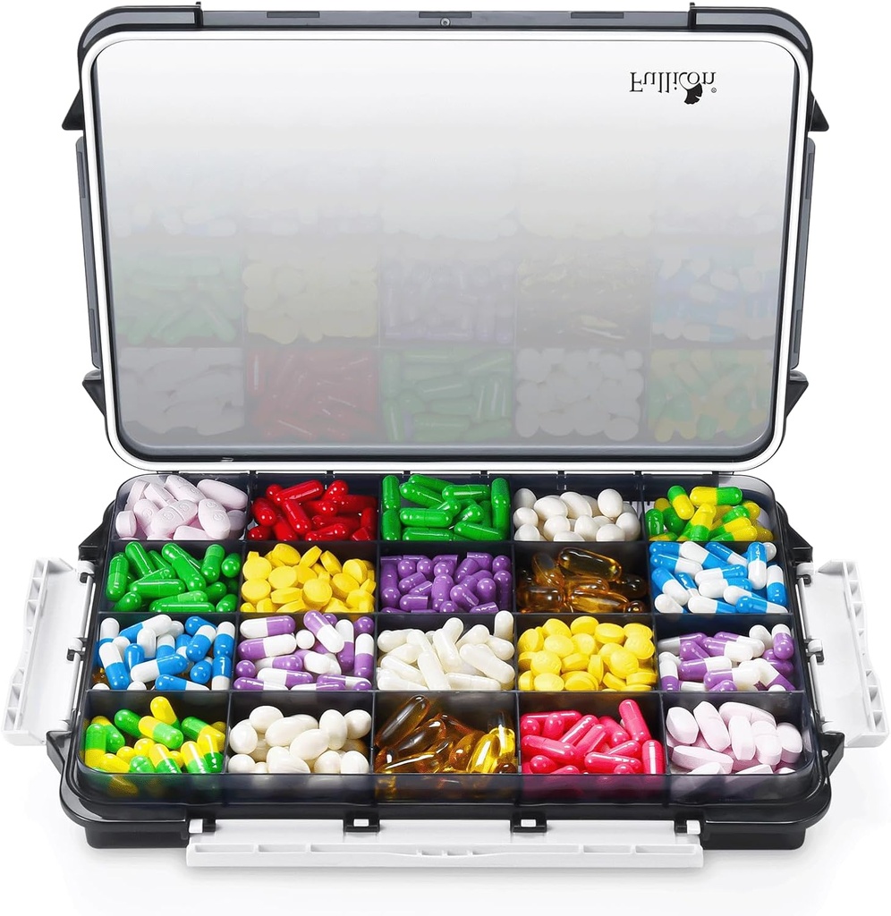 Fullicon Extra Large Pill 주최자는 방습 디자인, 20의 Compartment를 가진 여행 엄청나게 큰 알약 상자, 3개의 Secured 버클을 가진 비타민을 위한 보충교재 조직자 (검정)