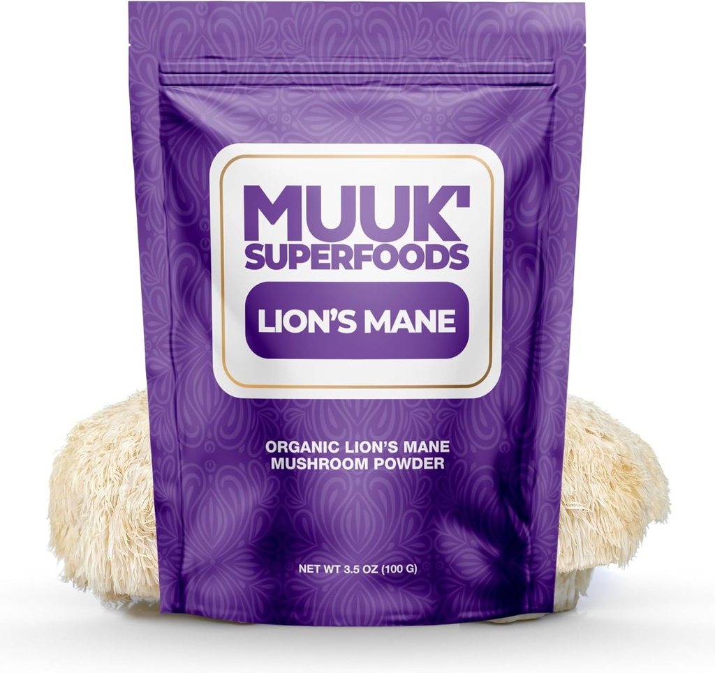MUUK' SUPERFOODS | 순수 유기농 사자 버섯 분말 | 브레이스팅, 미국-마드 | 3.5 oz (100g), 60 서빙