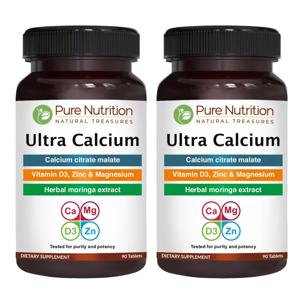 VIT D3 + K2를 가진 순수한 영양 매우 칼슘 1000mg | 180 탭 (90 X 팩 2) | 칼슘 시트레이트 말레이트, VIT D3, K2, Moringa Oleifera, 마그네슘 및 아연을 가진 높게 흡수성 칼슘 보충교재.