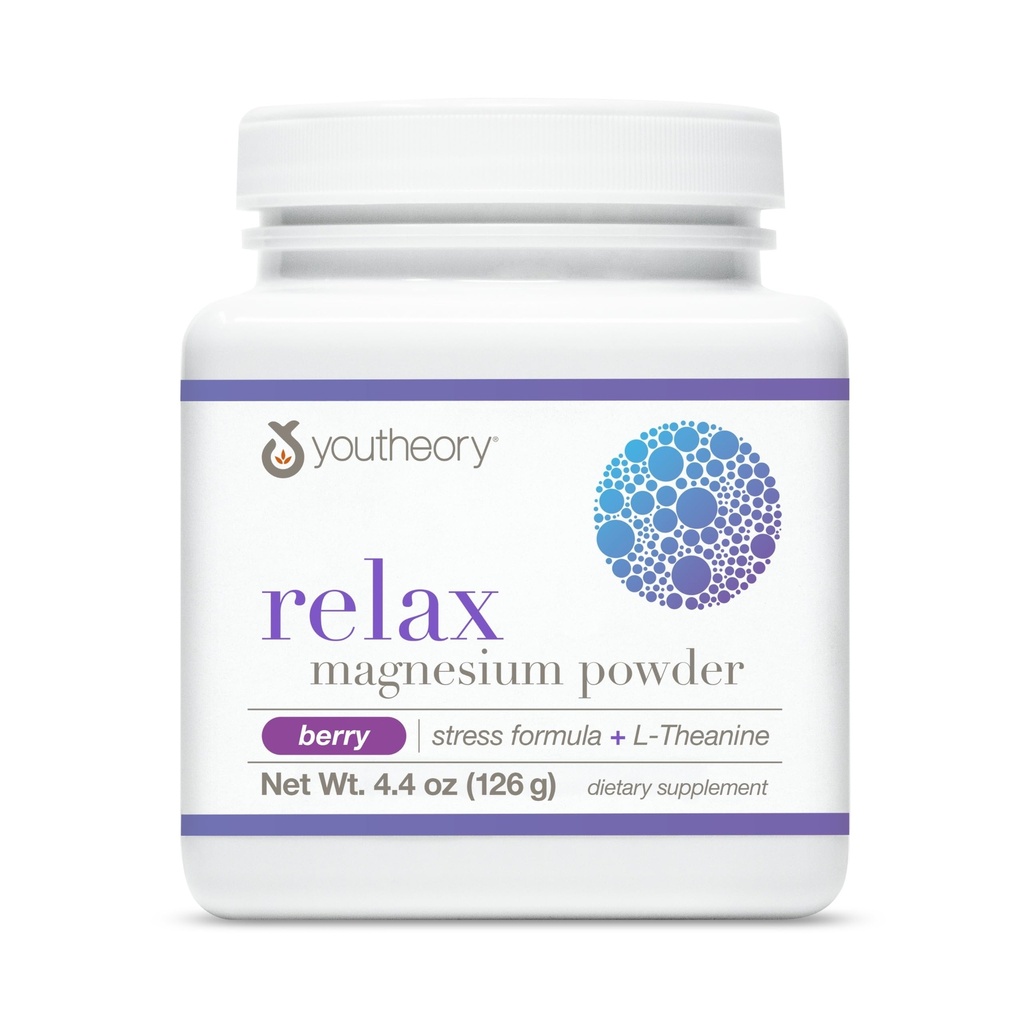 Youtheory Relax 마그네슘 분말 - L-Theanine & GABA*와 Vegan 스트레스 완화 보충 - Relaxation* - Dairy, Soy & Gluten 무료 - Berry, 4.4 oz