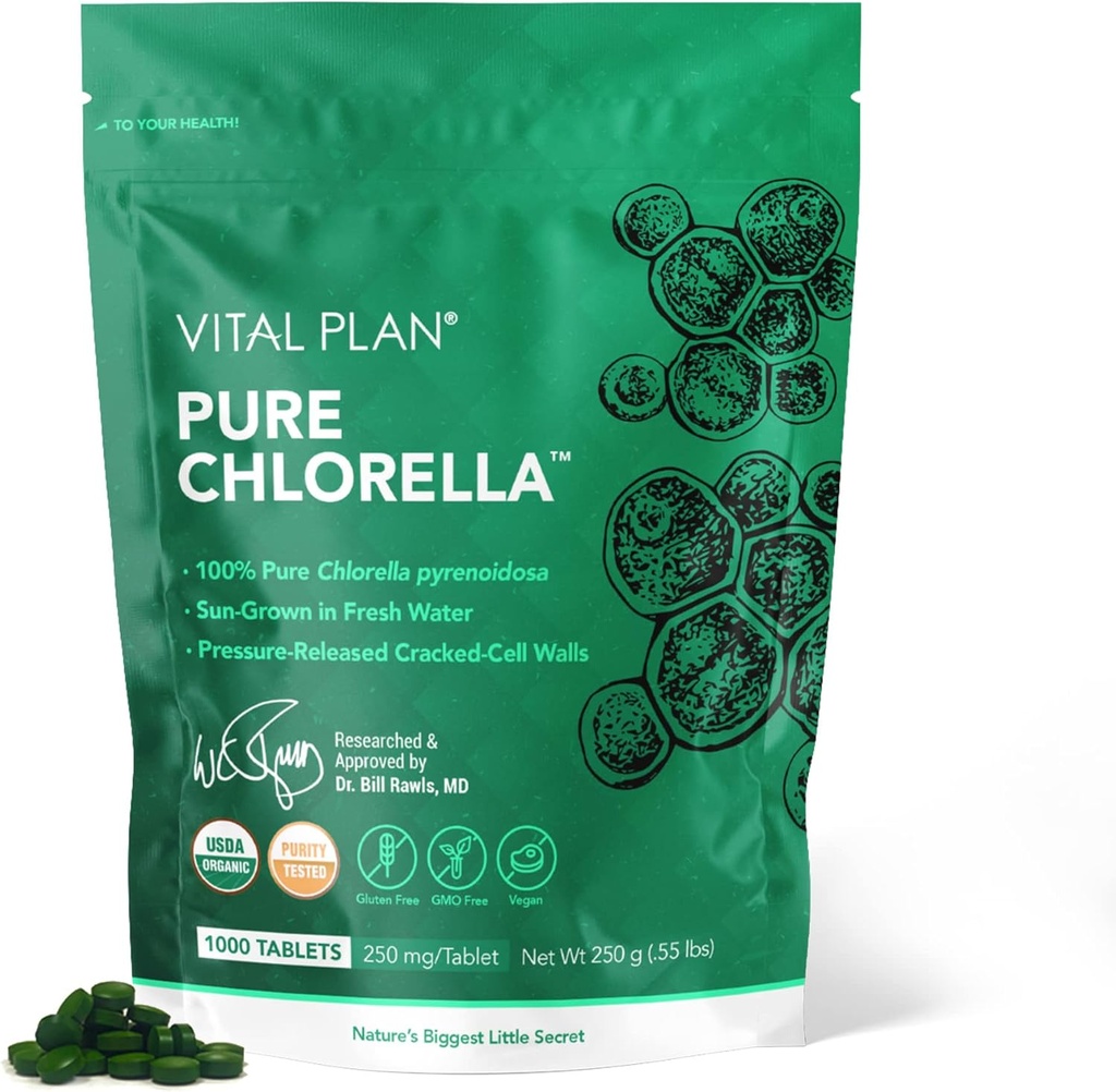 Vital Plan Pure Chlorella Tablets - Sun Grown Chlorella Pyrenoidosa Supplement by Dr. Bill Rawls w/Broken Cell Wall - 유기 Chlorella w/Chlorophyll, Cracked Cell Wall & No Fillers (1000 탭)
