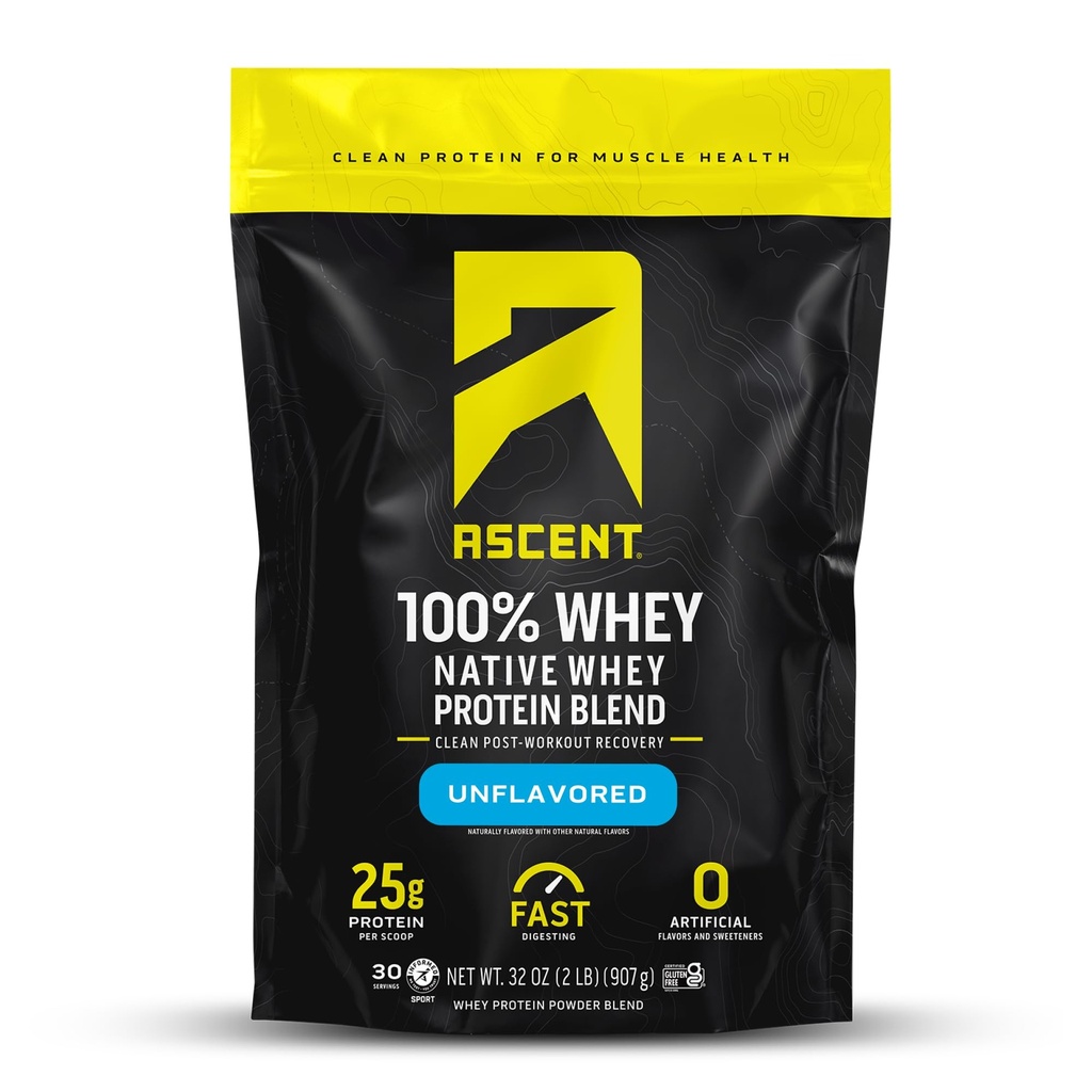 Ascent 100 % Whey Protein Powder - 포스트 운동 Whey Protein Isolate, Zero 인공 향 및 감미료, 글루텐 무료, 5.5g BCAA, 2.6g Leucine, Unflavored 2 lb