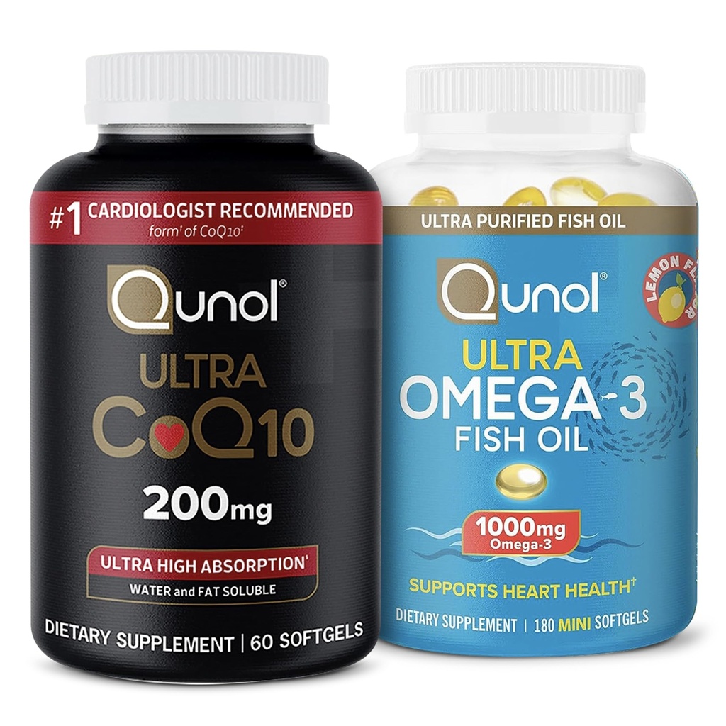 Qunol Ultra CoQ10 200mg Softgels - 매우 높은 흡수 Coenzyme Q10 보충교재 - 2 달 공급 - 60 조사 + 물고기 기름 Omega 3 소형 Softgels, 1000mg Omega 3 EPA + DHA, 3 달 공급, 180 조사