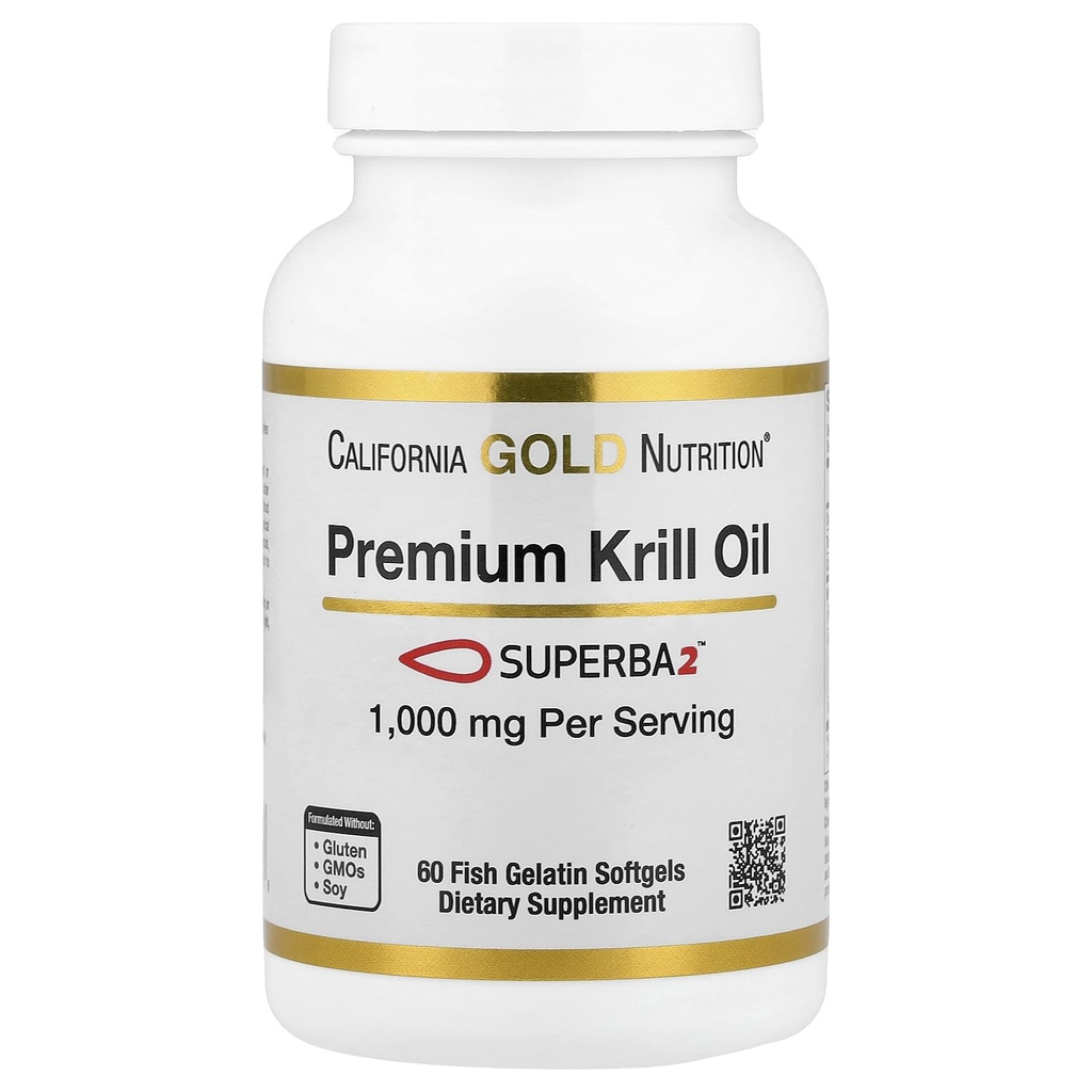 캘리포니아 골드 영양 프리미엄 크릴 오일 Superba2 Bioavailable Omega-3s Antarctic Krill - 하트 & 두뇌 건강 지원 - 글루텐 무료, 비 GMO - 1000 mg - 60 Fish Gelatin Softgels
