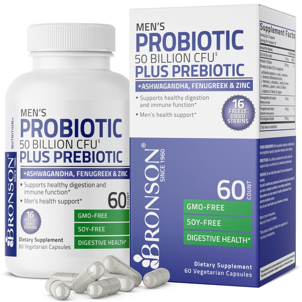Bronson 남자의 Probiotic 50 억 CFU Plus Prebiotic with Ashwagandha, Fenugreek & 아연, 건강한 소화 및 면역 기능 Non-GMO, 60 채식 캡슐 지원