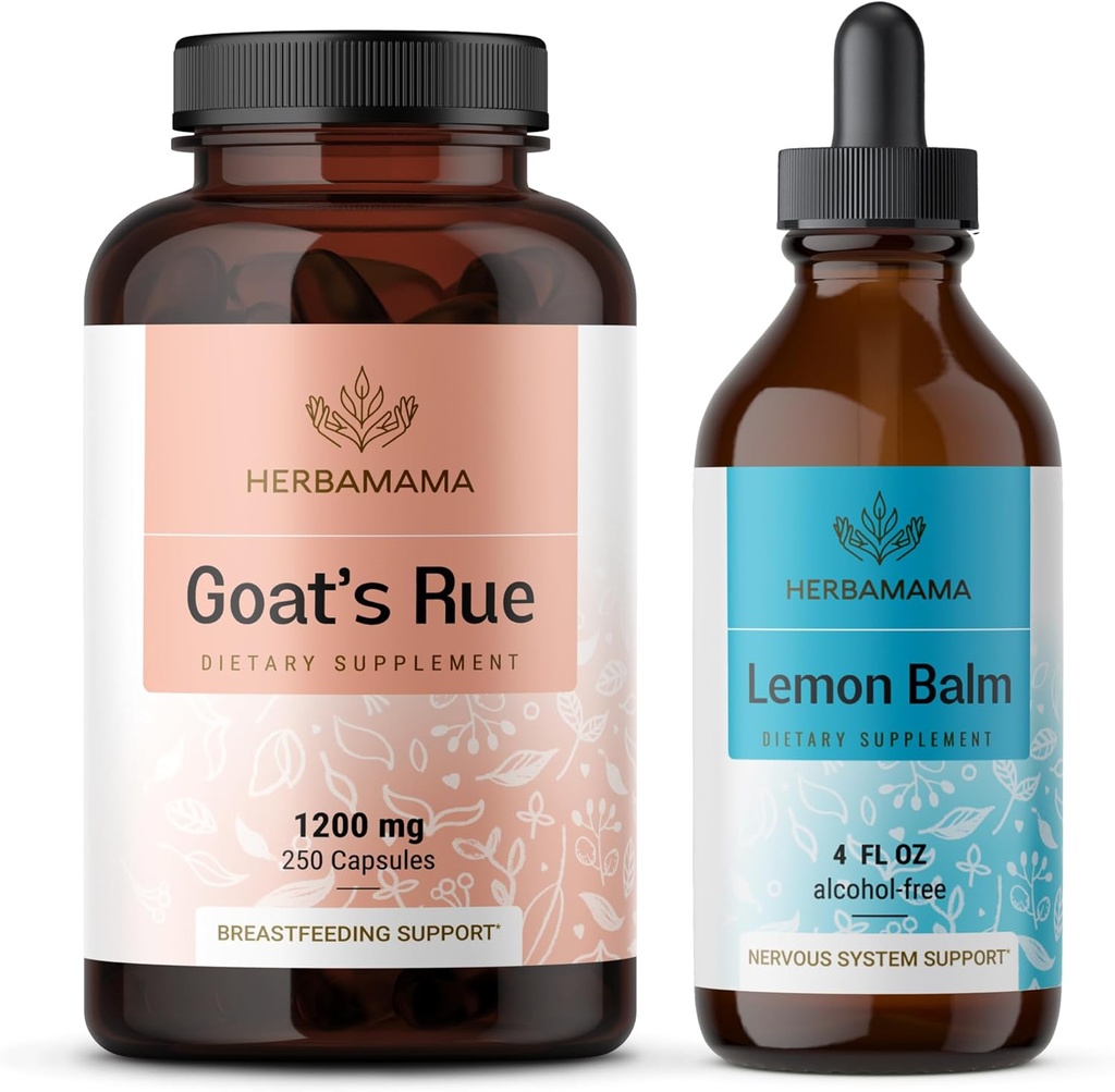 HERBAMAMA Goat의 Rue와 Lemon Balm Kit - 1200 mg Goat의 Rue 캡슐 및 레몬 Balm 액체 드롭 4 fl oz - Vegan, Non-GMO, Sugar & Alcohol-Free - 2 Pack의 번들