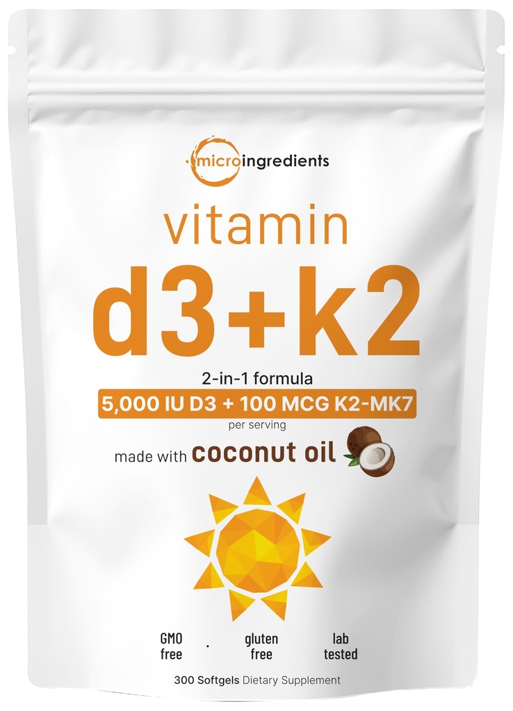 마이크로 성분 비타민 D3 5,000 IU + K2 MK-7 100 mcg, 300 Softgel | 버진 코코넛 오일 | 2-in-1 Bone, Immune & Heart Support | 삼키기가 쉽고 비 GMO