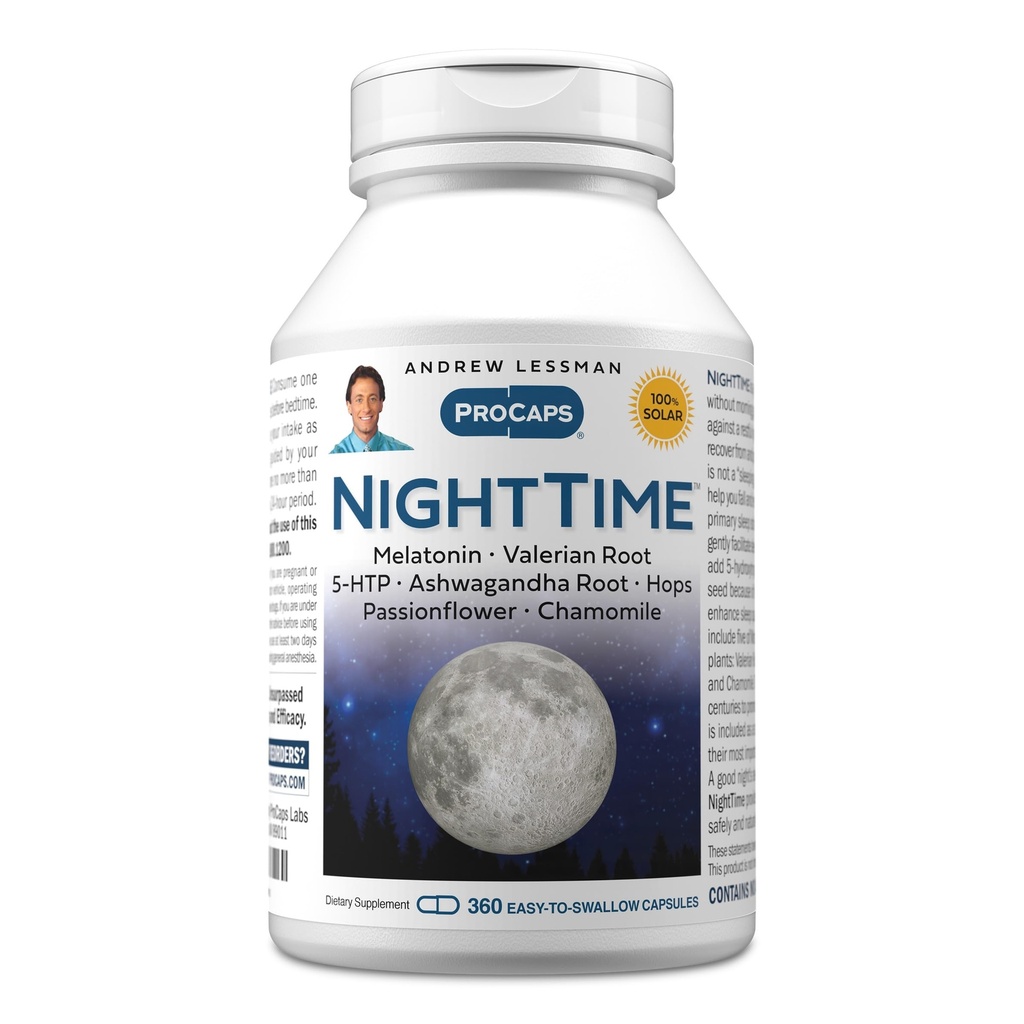 ANDREW LESSMAN 야간 시간 360 캡슐 - 3mg Melatonin, Valerian, Ashwagandha, Passionflower, Hops, Chamomile. 아니 아침 Grogginess. 자연 지원, Gentle Restful 수면. 삼키기 캡슐에 쉬운