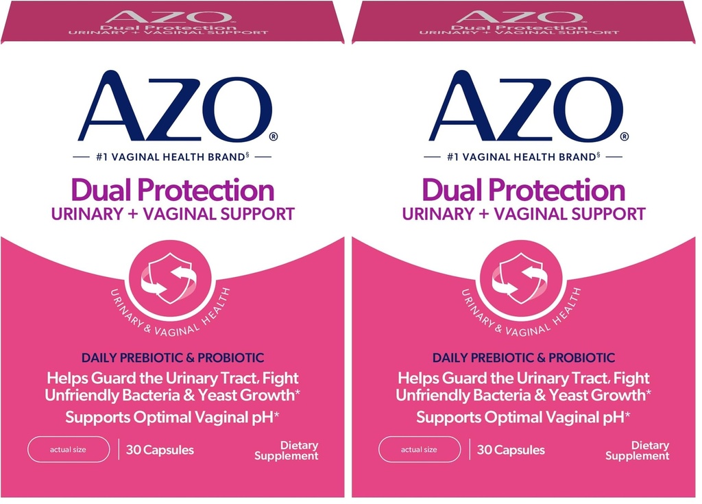 AZO Dual Protection | Urinary + Vaginal Support* | Prebiotic Plus Clinically Proven Women's Probiotic | 24시간 이내에 근무 개시 | Non-GMO | 30개 (패키지 2)