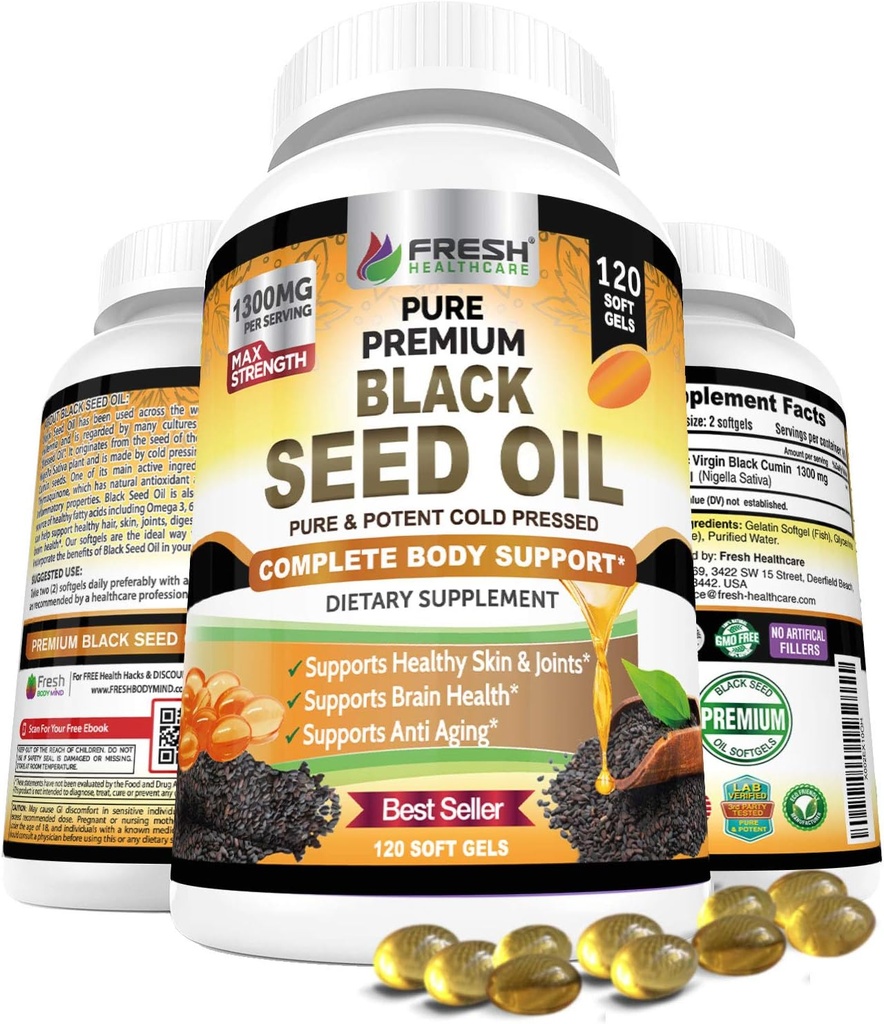 FRESH HEALTHCARE 검정씨 기름 캡슐 찬 눌러진 1300mg - 100% 순수한 비 GMO Nigella Sativa - Immune & 합동 지원 - 우수한 Softgel 보충교재