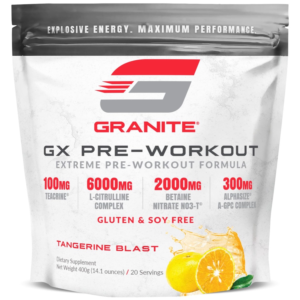 화강암 GX 전 운동 보충교재, Tangerine 돌풍 풍미, 지원 초점, 에너지, & Teacrine, L-Citrulline, Betaine, & A-GPC (20 봉사)를 가진 성과