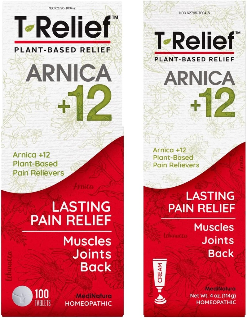 MediNatura T-Relief Arnica +12 자연적인 고통 구호 100ct 정제 T-Relief 자연적인 고통 구호 Arnica +12 4oz 크림 뭉치