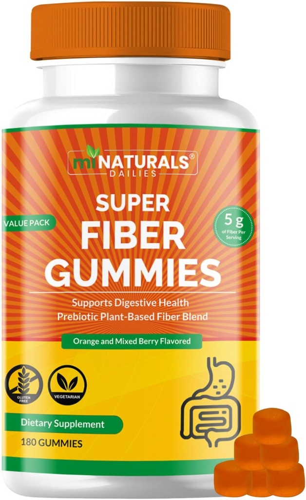 MINATURALS Prebiotic Fiber Supplement Gummies | 가치 팩 - 180 ct | 거미 당 5g | 식물 기반 소화 Gut Cleansing | 오렌지 및 혼합 Berry