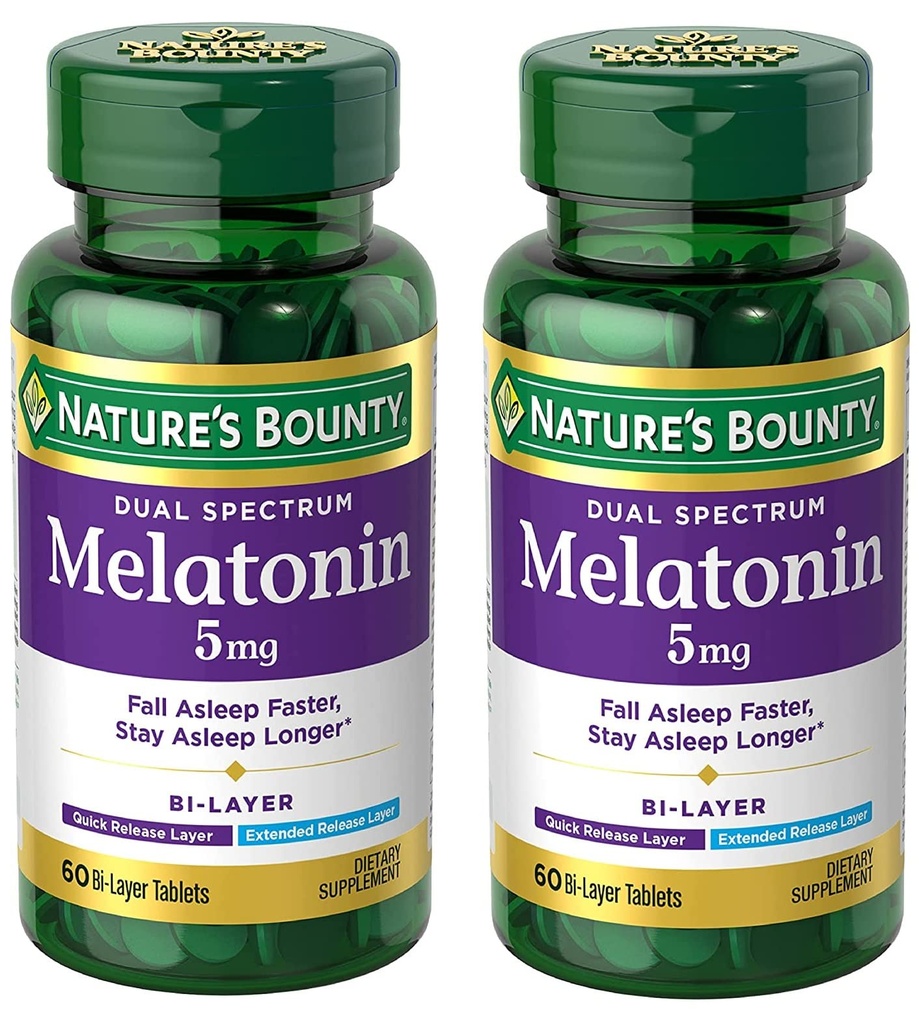 Nature's Bounty Melatonin 5mg 듀얼 스펙트럼, 100 % 약물 무료 수면 보충, 빠른 릴리스 및 확장 릴리스, Relaxation 및 수면 건강, 60 Bi-Layer 정제 (팩 2)