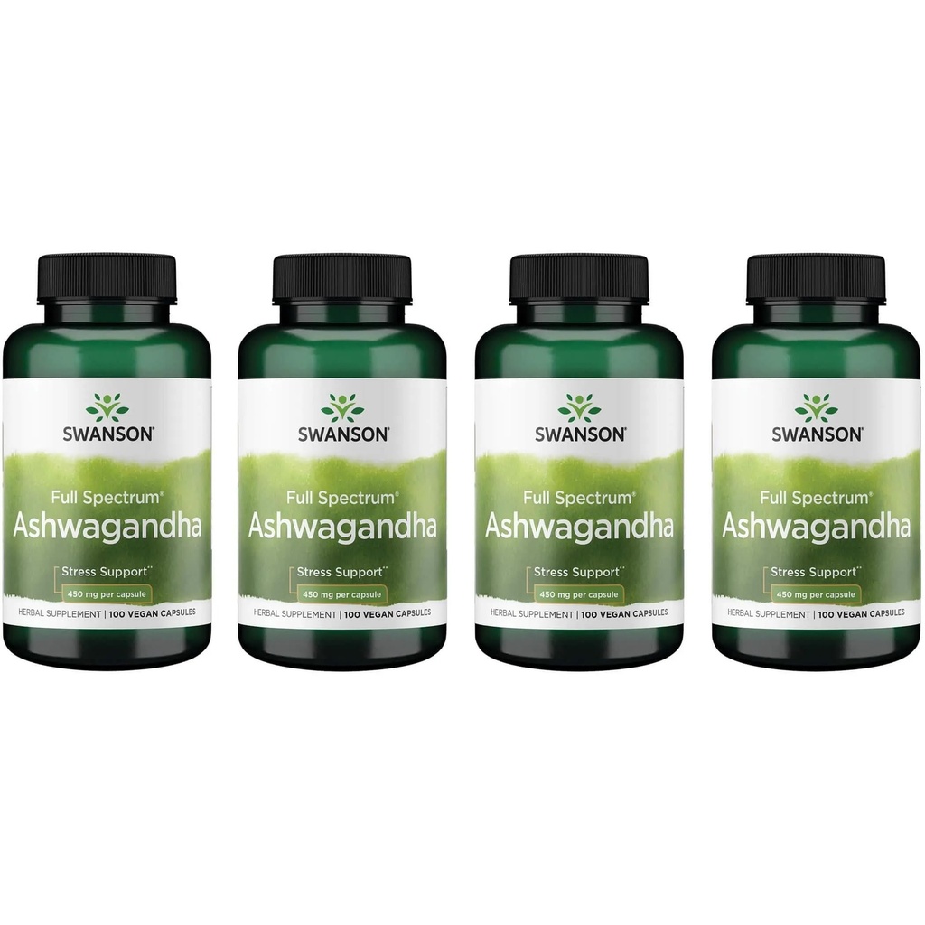 Swanson Ashwagandha 분말 보충교재 - 긴장 기복 & 에너지를 승진시키기 위하여 Ashwagandha 뿌리로 - 자연적인 웰니스 (100 캡슐, 450mg 각각)를 위한 Ayurvedic 보충교재 4 팩