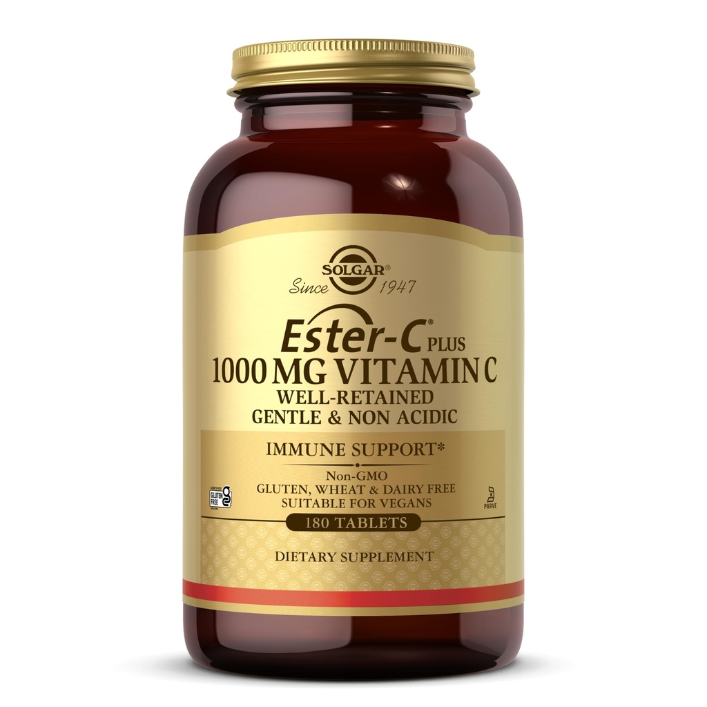 Solgar Ester-C Plus 1000 mg 비타민 C (Ascorbate Complex) - 180 정제 - Gentle & Non Acidic - 상부 호흡 건강 지원 - Non-GMO, 글루텐 - 무료 180 서빙