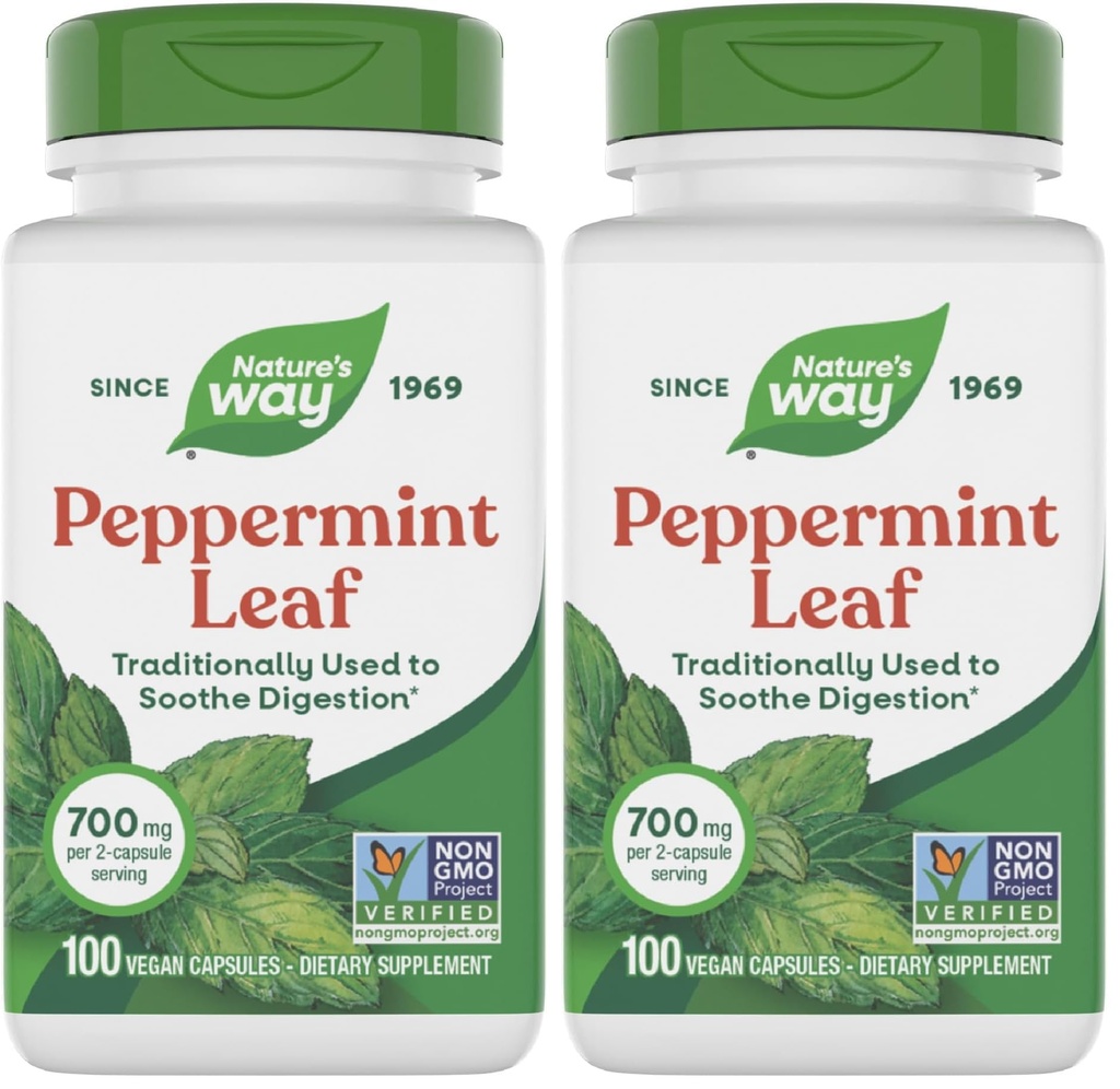 Nature's Way Premium Herbal Peppermint Leaf, 전통 소화 및 Discomfort Support*, 서빙 당 700mg, 100 캡슐 (팩 2)