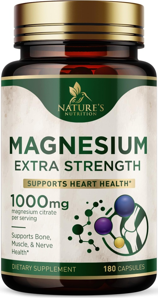 마그네슘 무기물 보충교재 1000 mg - 뼈, 심장 건강, 나침반 & 근육 지원을 위한 높은 힘 마그네슘 구연산염, 전체적인 몸 지원을 위한 성격 마그네슘 복합체, 미국에서 병에 넣어진 - 180의 캡슐