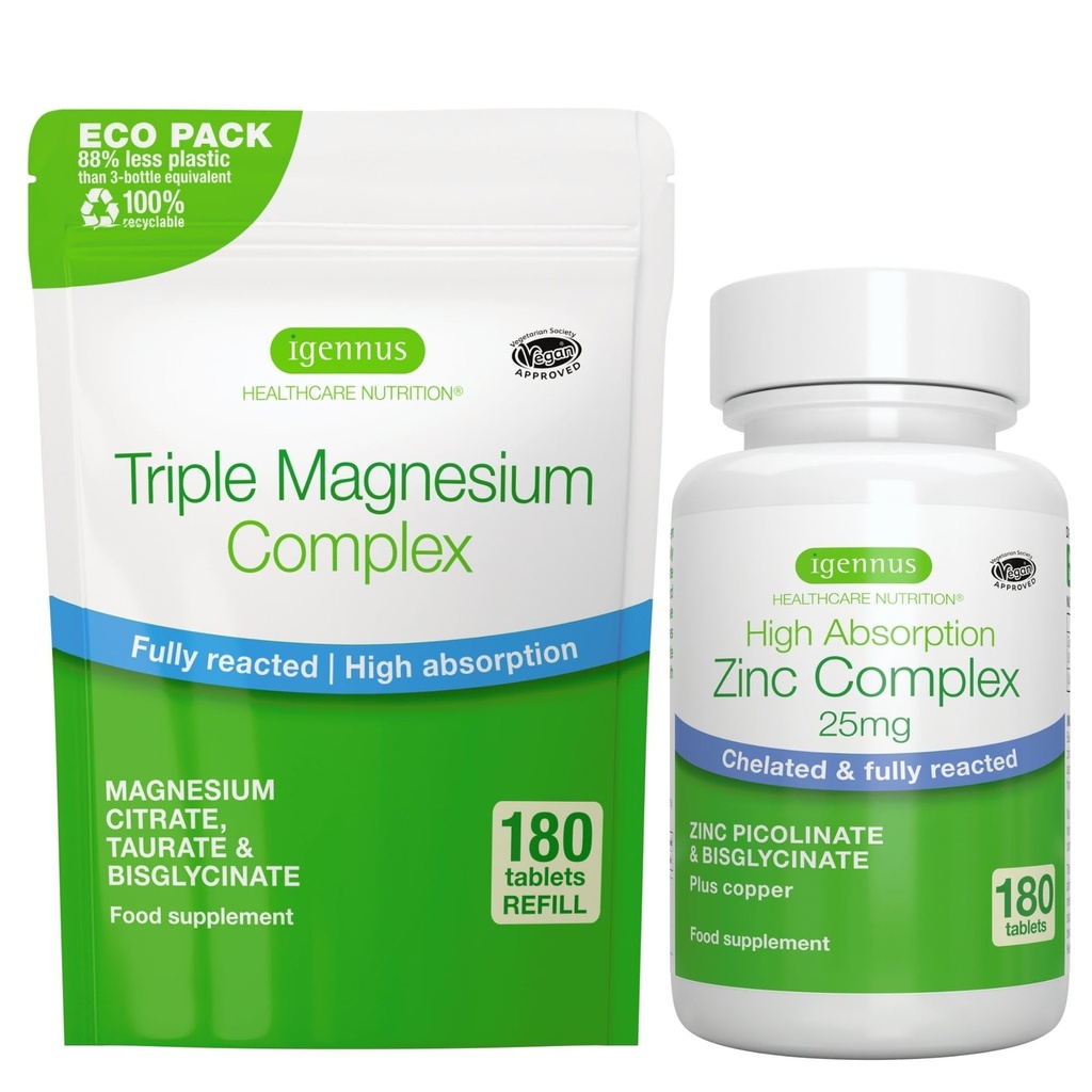 Triple Magnesium Complex 180 Tablets + 아연 Complex Vegan 번들, 높은 흡수 킬레이트 마그네슘 + 25mg 킬레이트 아연 Picolinate & Bisglycinate 구리, Igennus