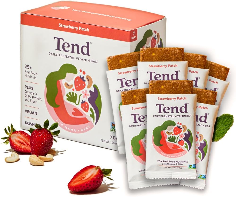 Tend Daily Best Prenatal Vitamin Bar, 임신 & Postpartum 어머니를위한 유기 성분으로 제작 된 DHA, 비타민 D, B, Choline, Folate, Sunflower Lecithin - Strawberry Patch (7ct)