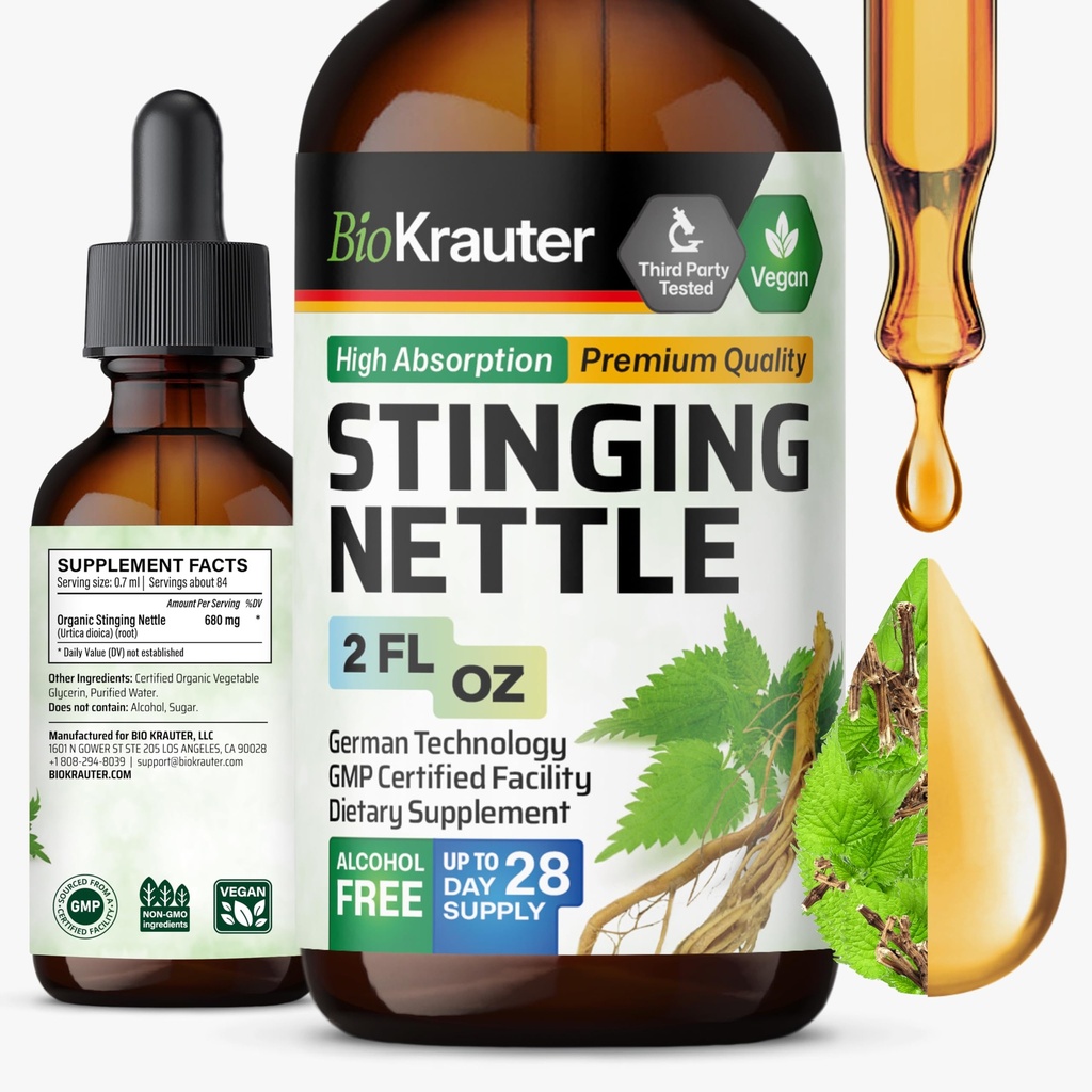 BIO KRAUTER Sting Nettle Tincture - Nettle Root Extract Liquid - Urinary Support Supplement - Urtica Dioica Natural Extract - Vegan, Sugar & Alcohol Free Drops 2 Fl.Oz.