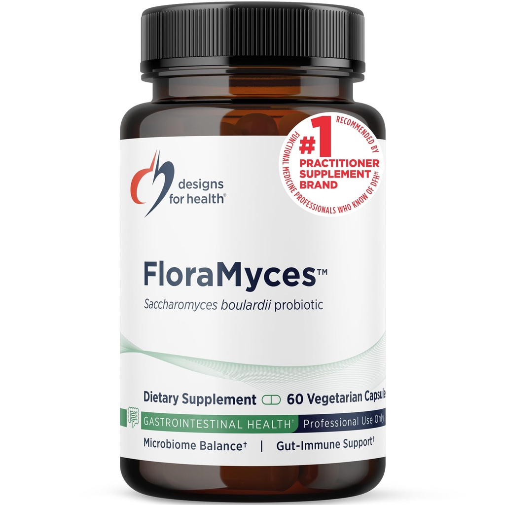 건강을위한 디자인 FloraMyces 500mg Saccharomyces Boulardii Probiotic - Gut 건강 보조 식품 - GI 건강을위한 선반 안정 소화 프로바이오틱스 - Dairy-Free, Vegan Probiotic (60 캡슐)
