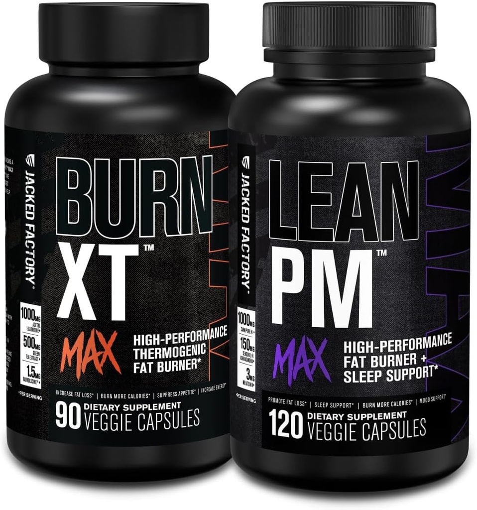 Jacked Factory Burn-XT Max - Thermogenic 지방 버너 및 식욕 억제제 (90 캡슐) & Lean PM 최대 고기능 체중 감소, 지방 버너, & 식욕 억제제 (120 캡슐)