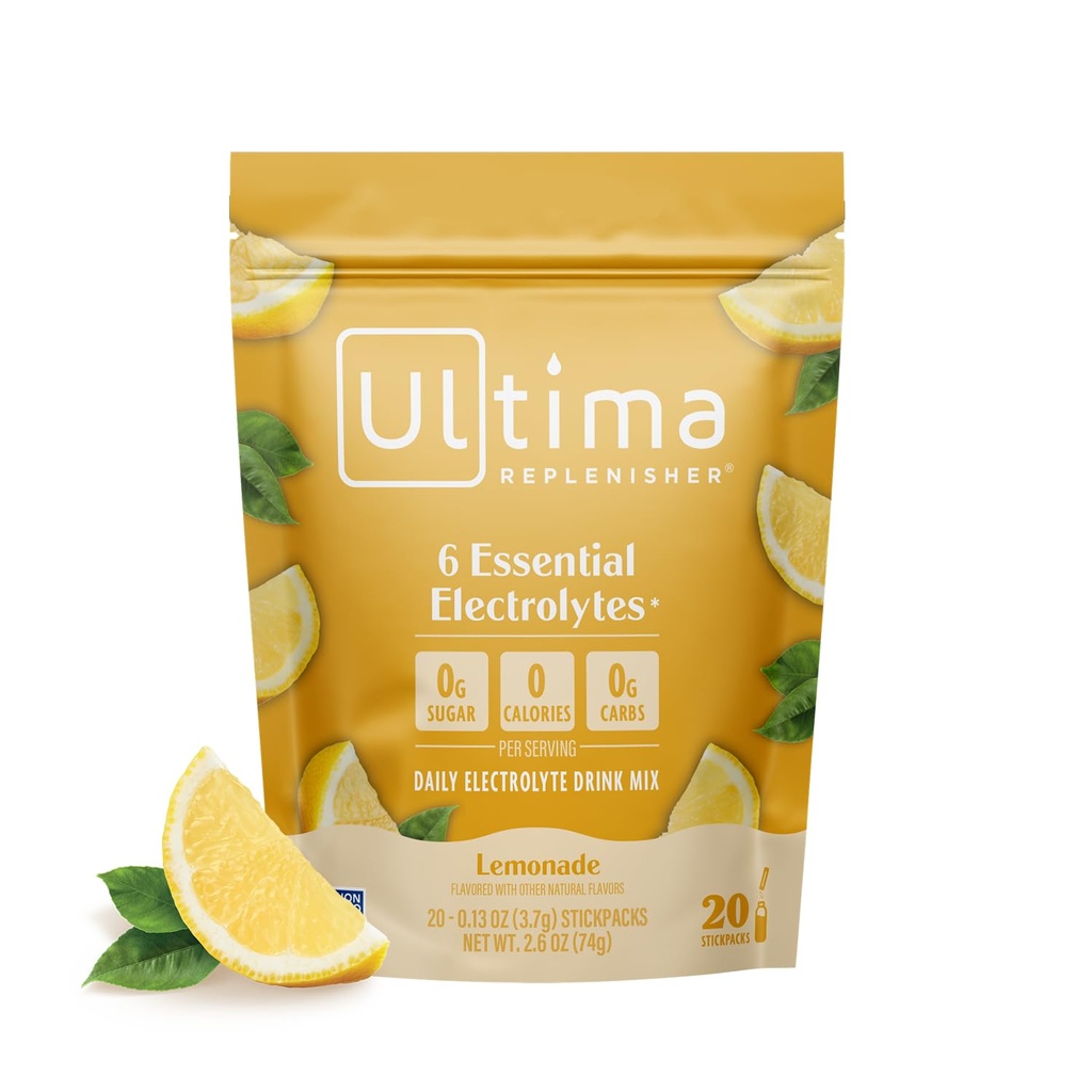 Ultima Replenisher Daily Electrolyte Powder Drink Mix - Sugar Free - Lemonade, 20 Stickpacks - 6 Key Electrolytes 및 Trace Minerals - Keto Friendly, Vegan, Non-GMO가있는 하이드로 션 패킷