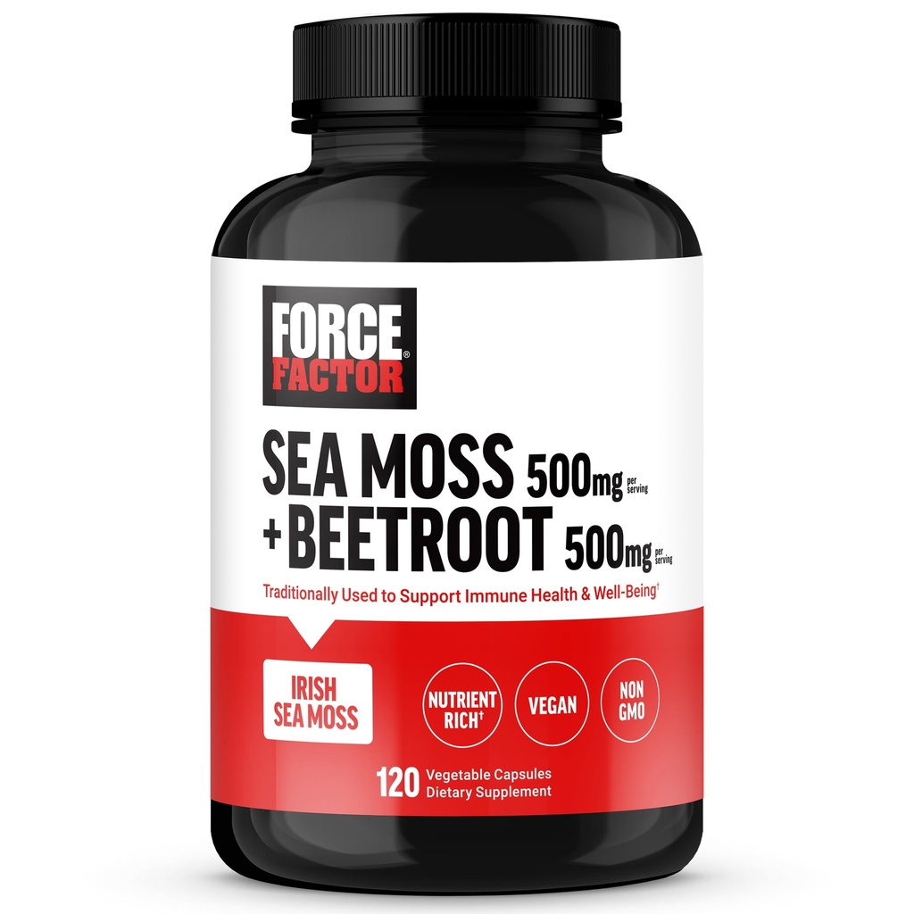 FORCE FACTOR Irish Sea Moss + Beet Root Supplement to Support Immunity, 순환, 자연 에너지, 항 산화제, 비 GMO, Vegan-Friendly, Soy-Free, 120 식물성 캡슐과 함께 심장 건강