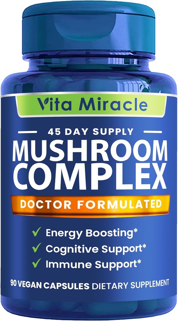 버섯 보충 캡슐 - 사자 Mane Cordyceps Shiitake Reishi 버섯 보충 교재와 10x 버섯 복합체 - 초점 에너지와 두뇌 90 캡슐에 대한 모든 자연 초본 비타민 추출물 알약