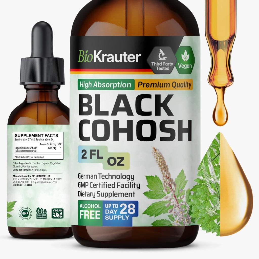 BIO KRAUTER Black Cohosh Root Tincture - Vegan Black Cohosh Supplements 여성 지원 - 알코올 및 설탕 무료 - 2 Fl.Oz.