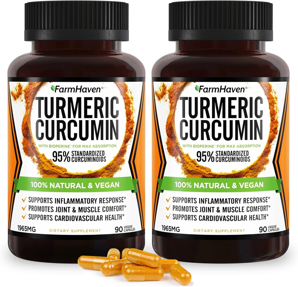 BioPerine Black Pepper & 95 % Curcuminoids가있는 Turmeric Curcumin, 공동 지원을위한 최대 흡수, 비 GMO Turmeric 캡슐, 미국에서 제작 - 180 Veg Caps