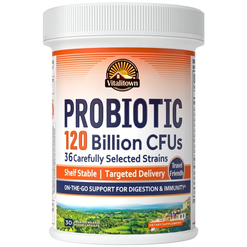 Vitalitown Probiotics 120 억 CFUs, 36 Strains, Prebiotics, 남성 여성을위한 소화 효소, 지연 방출, 선반 안정, 이동 소화 지원, 30 Veg Caps