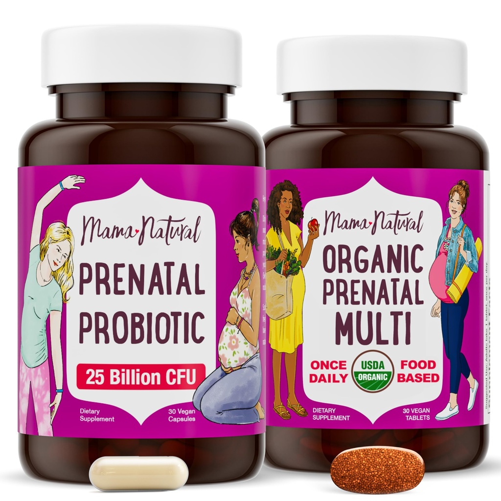 Mama Natural Prenatal Bundle – 여성을위한 유기 전염성 비타민 + 임신 및 산후 웰니스의 대상 Probiotics - 그냥 2 하루 알약 - Vegan & Non-GMO (30 일 공급)