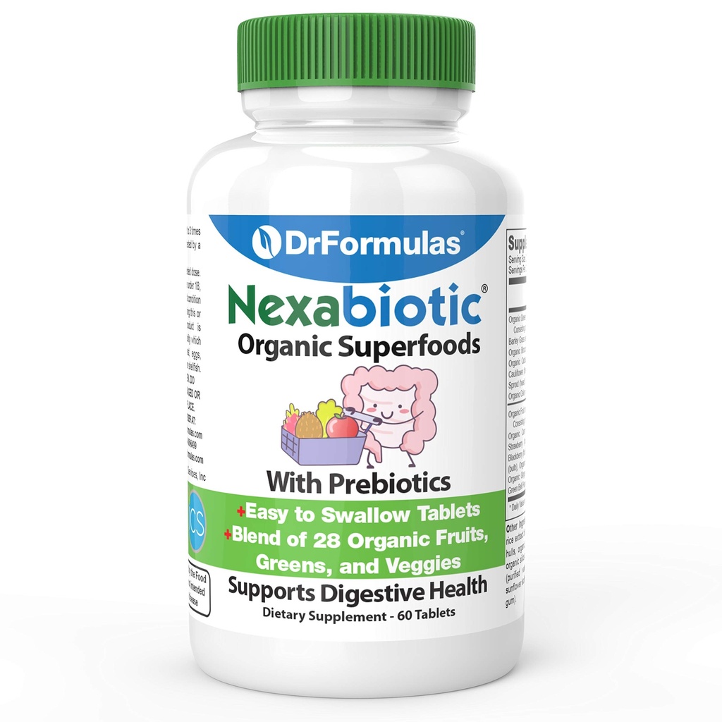 변비 완화를위한 DrFormulas 유기 Prebiotic 섬유 | Probiotic Digestive Health용 Nexabiotic Superfood Tab, 60 정제